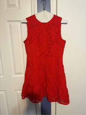 Aqua Bright Red Sleeveless Lace Mini Dress